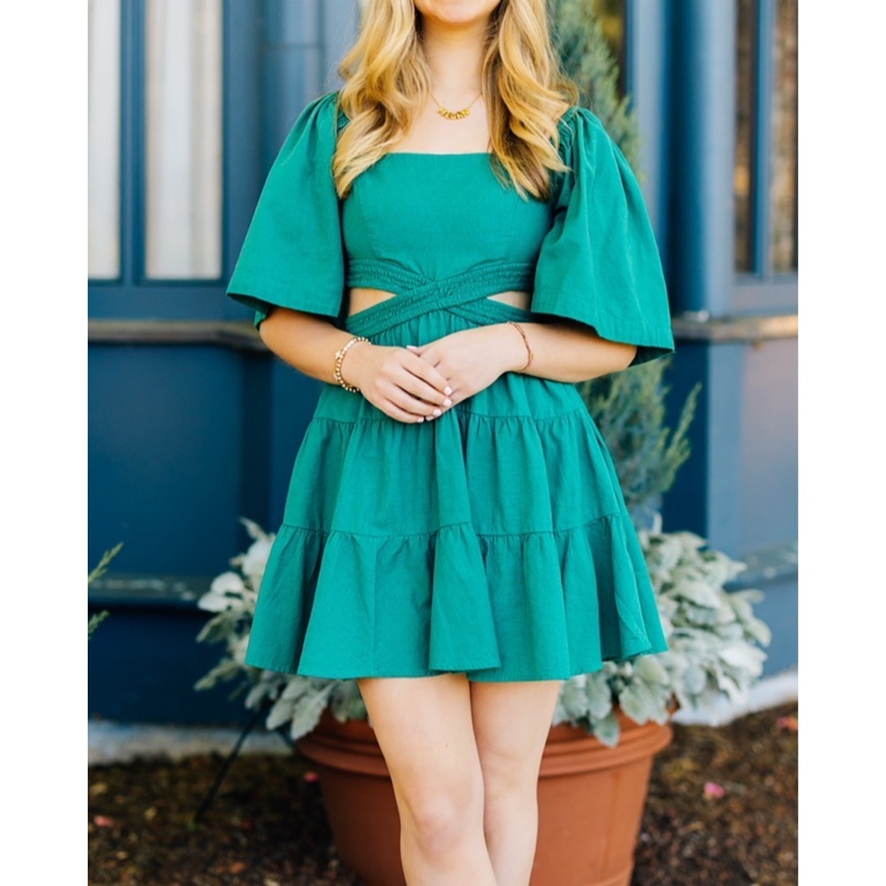 Free People Cross Of Sunlight Mini Dress L Green Cutout Tiered Fairycore Boho